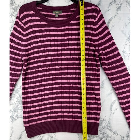 Style & Co. Womens L Cable Crew Striped Sweater Pink & Burgundy - Picture 3 of 8